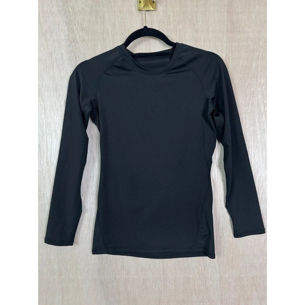 Youth Large Black Rash Guard Long Sleeve Fitted Athletic Swim Shirt Top L